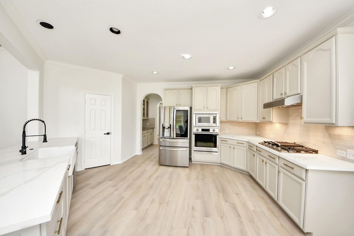 Interior, Kitchen, Recessed Lighting, Stainless Steel Appliances, Wood Texture Flooring
