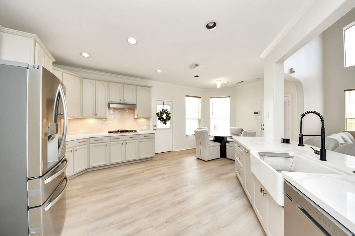 Interior, Kitchen, Recessed Lighting, Stainless Steel Appliances, Wood Texture Flooring