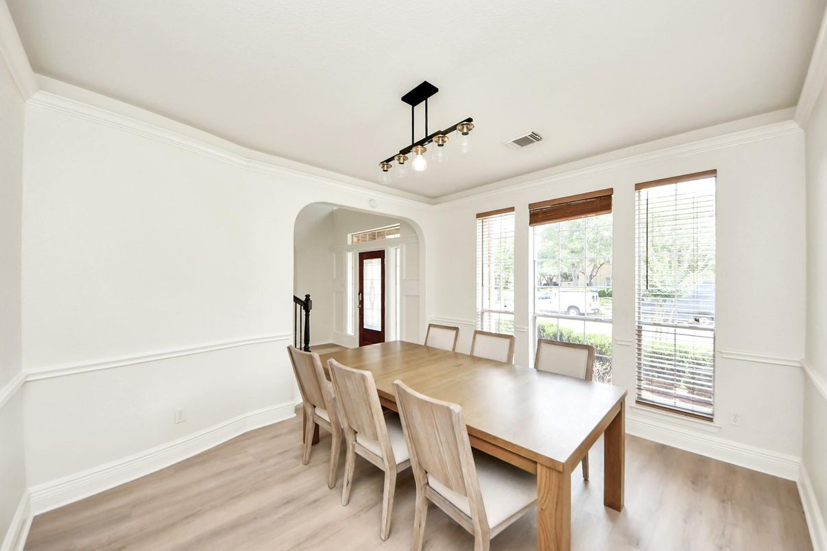 Dining room, Interior, Pendant Lights, Wood Texture Flooring