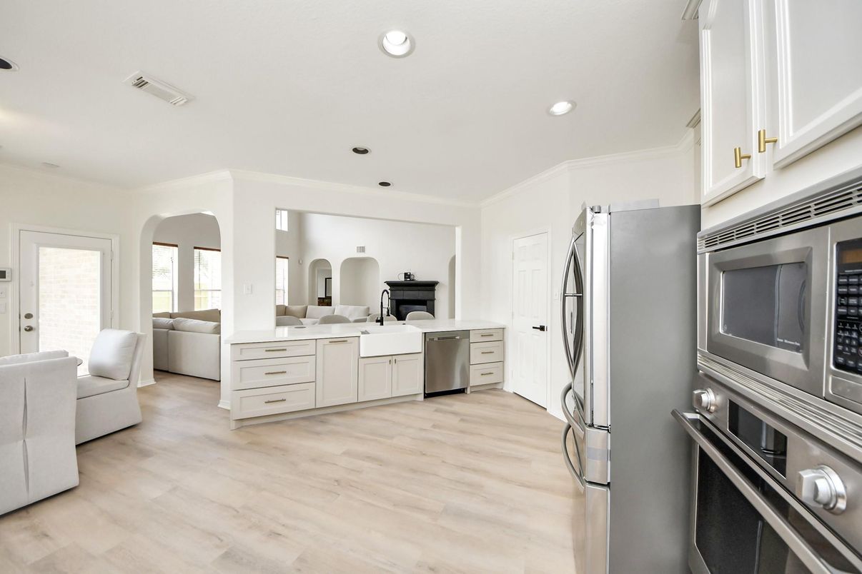 Interior, Kitchen, Recessed Lighting, Stainless Steel Appliances, Wood Texture Flooring