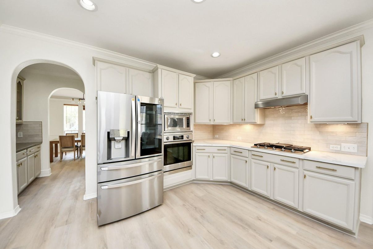 Interior, Kitchen, Recessed Lighting, Stainless Steel Appliances, Wood Texture Flooring