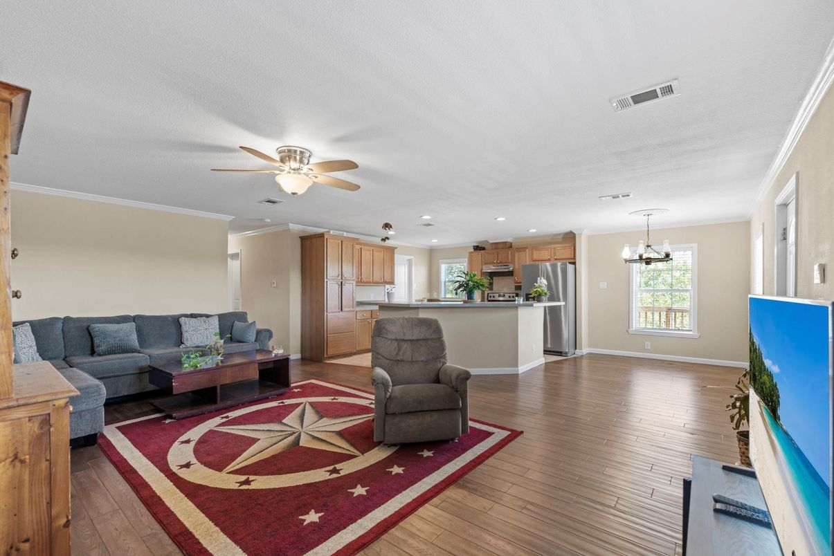 Chandelier, Interior, Kitchen, Living room, Recessed Lighting, Stainless Steel Appliances, Wood Texture Flooring