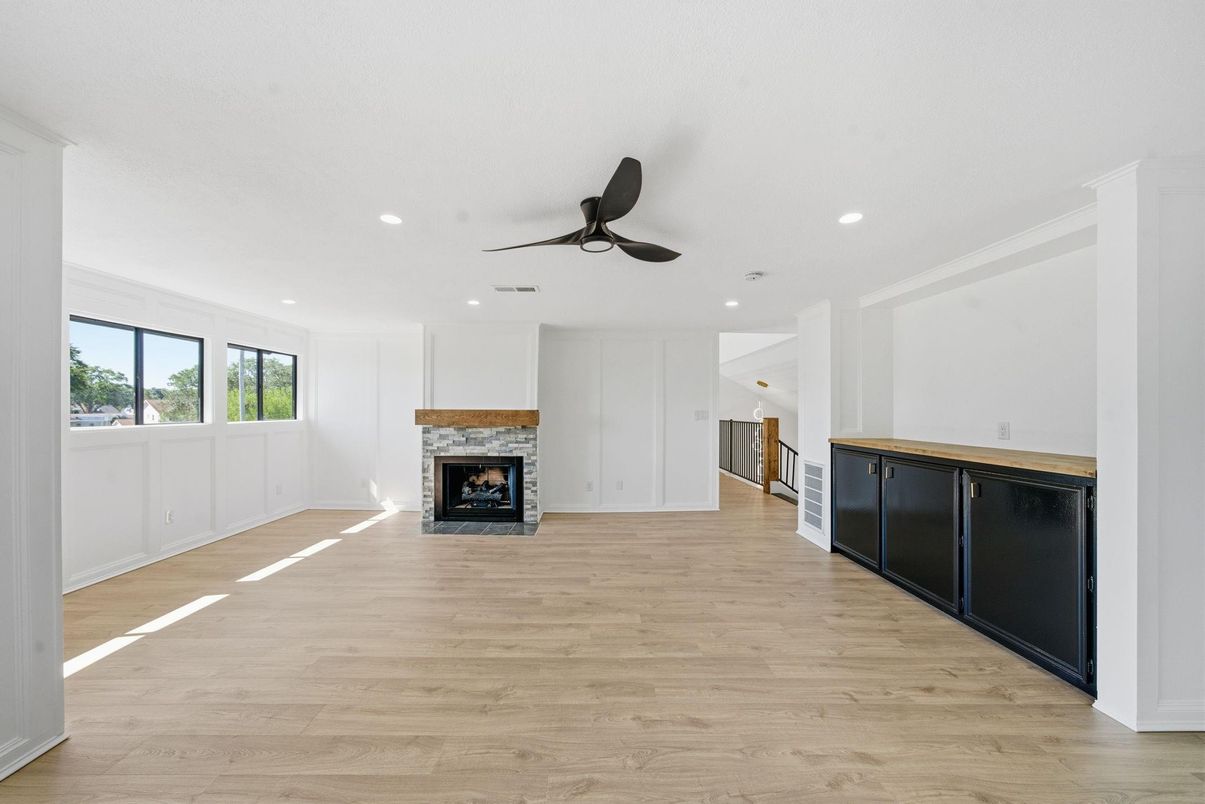 Empty room, Fireplace, Interior, Recessed Lighting, Wood Texture Flooring