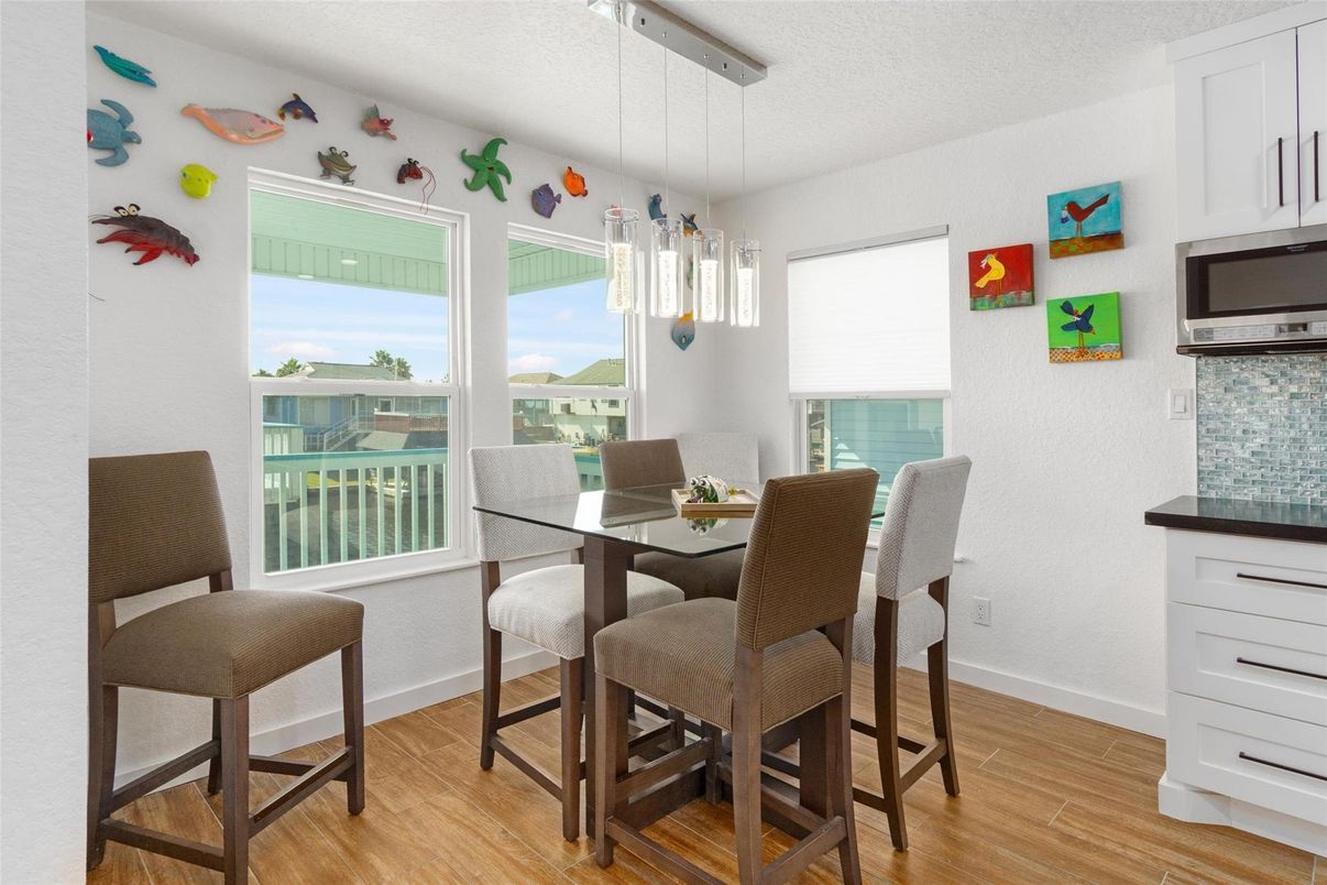 Dining room, Interior, Pendant Lights, Wood Texture Flooring