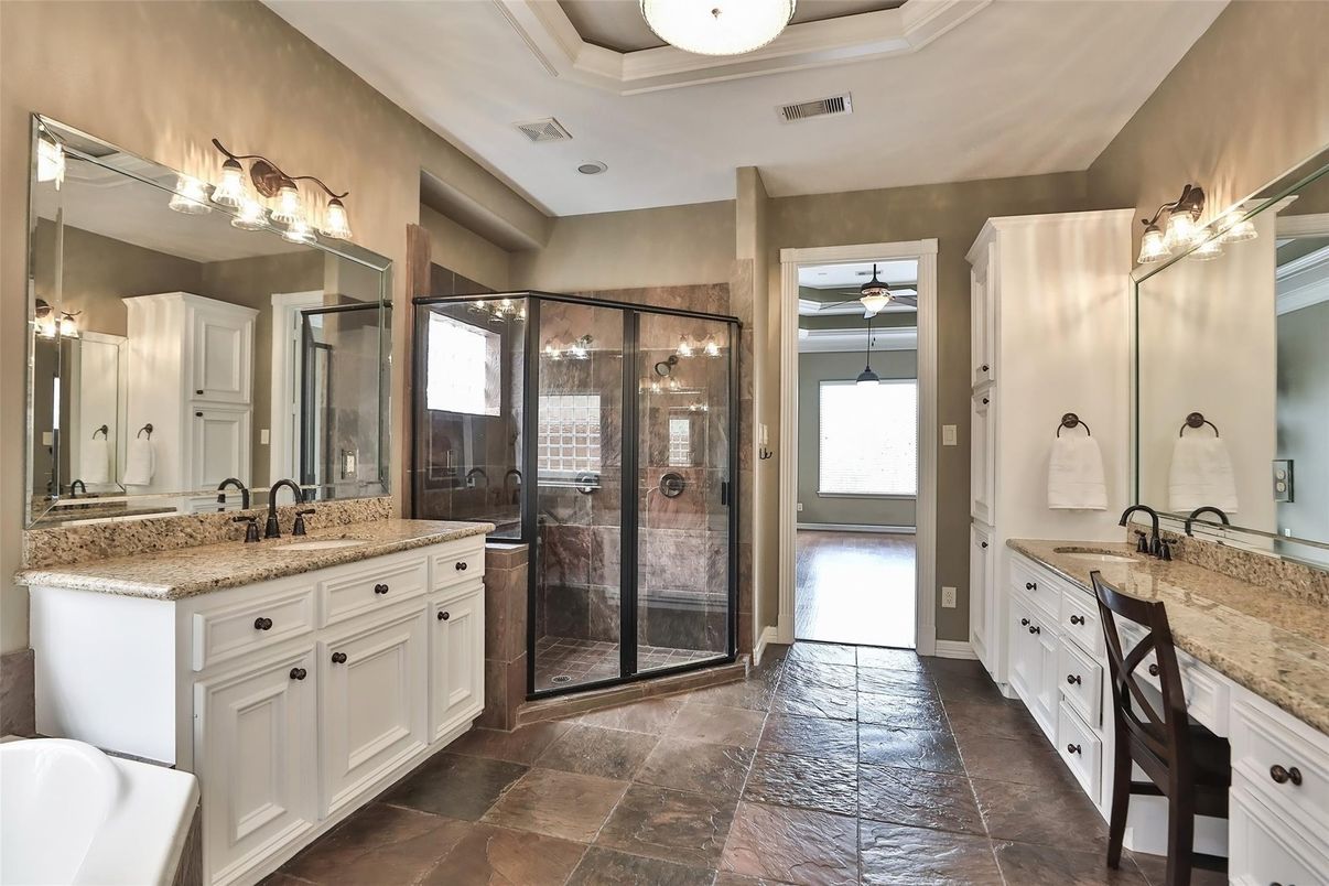 Bathroom, Dual Sink Vanities, Glass Shower, Interior, Recessed Lighting