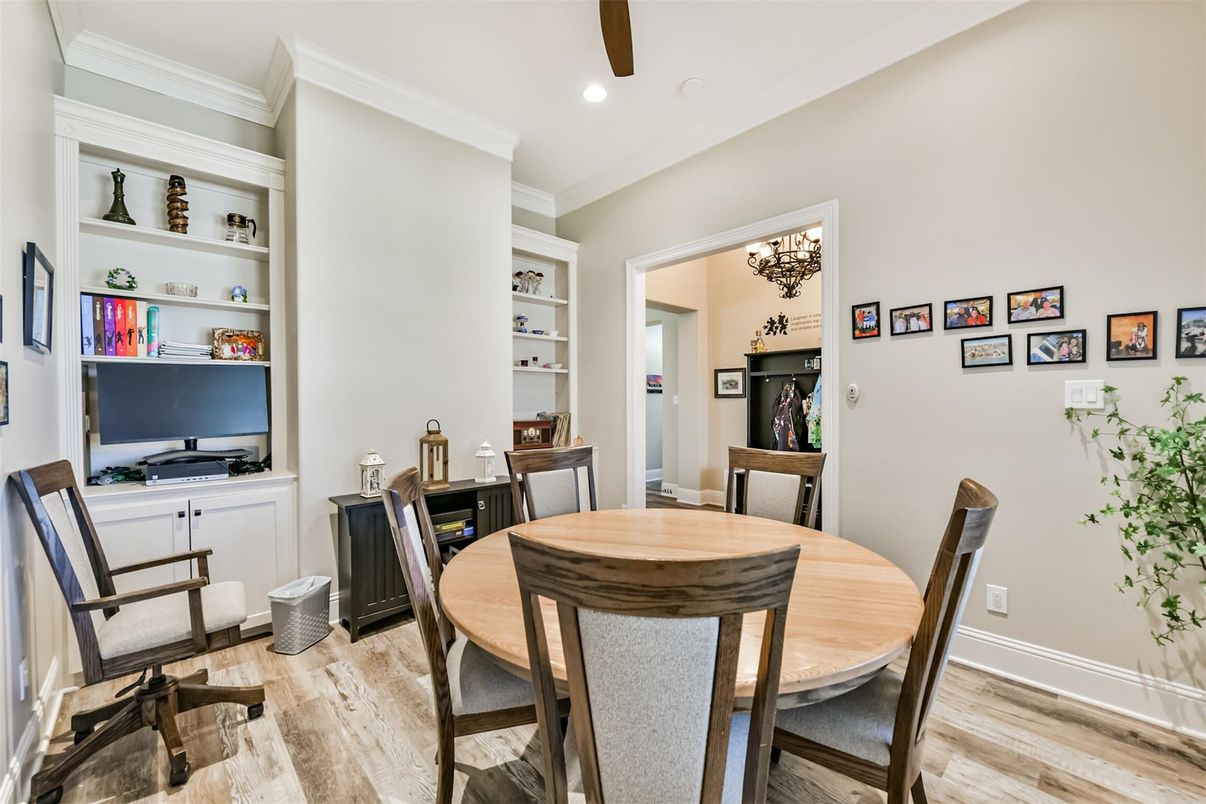 Dining room, Interior, Recessed Lighting, Wood Texture Flooring