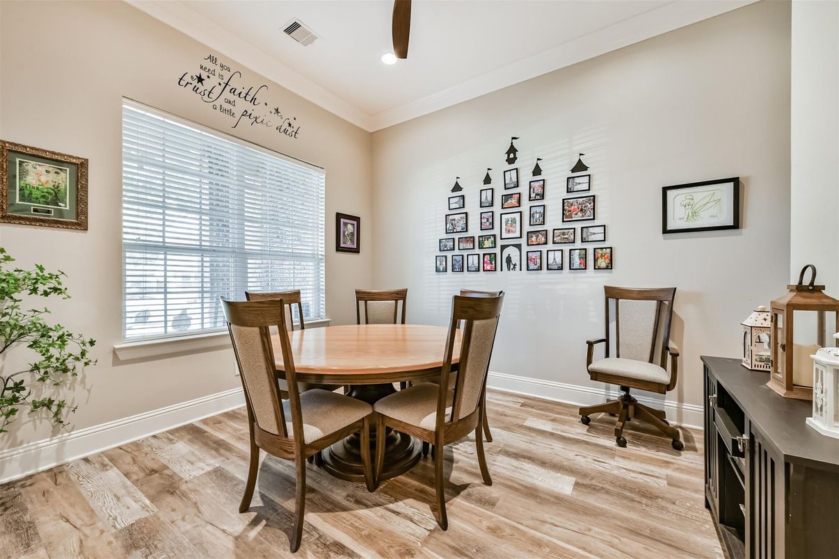 Dining room, Interior, Recessed Lighting, Wood Texture Flooring