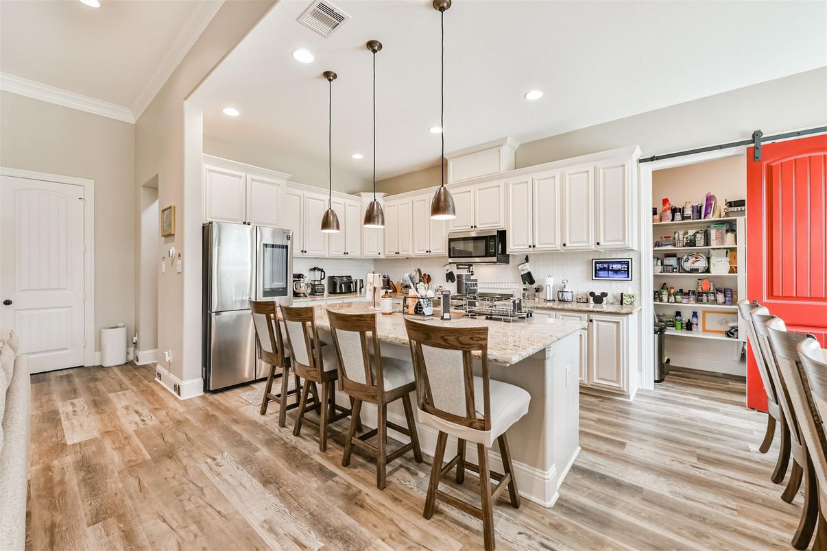 Interior, Kitchen, Pendant Lights, Recessed Lighting, Stainless Steel Appliances, Wood Texture Flooring