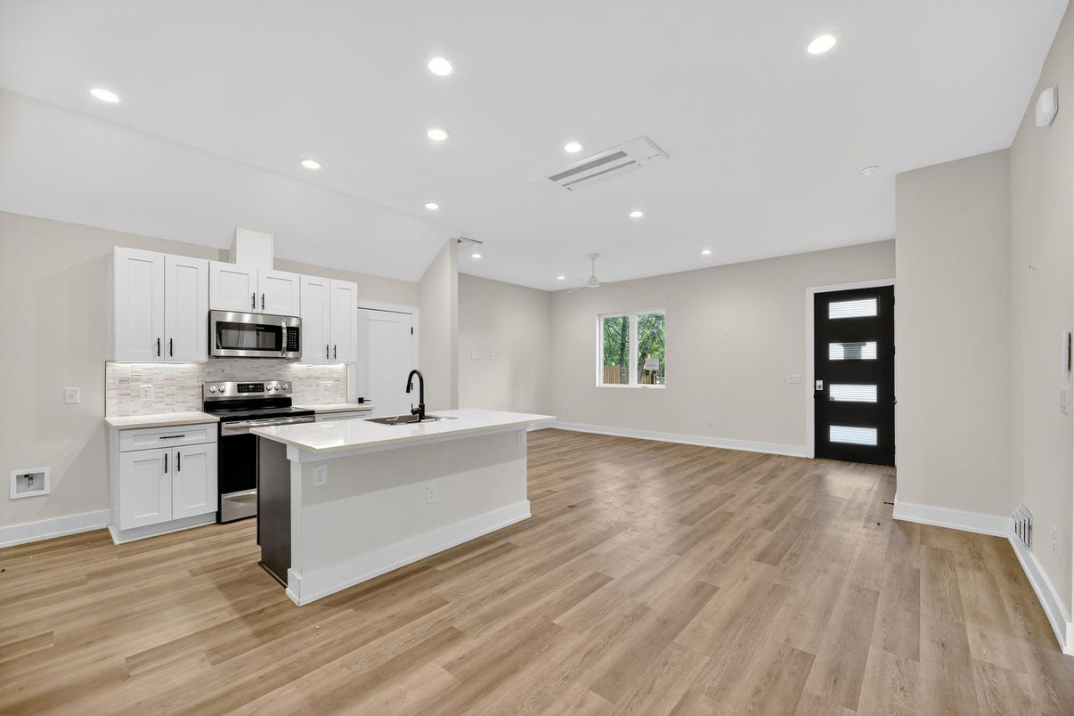 Interior, Kitchen, Recessed Lighting, Stainless Steel Appliances, Wood Texture Flooring