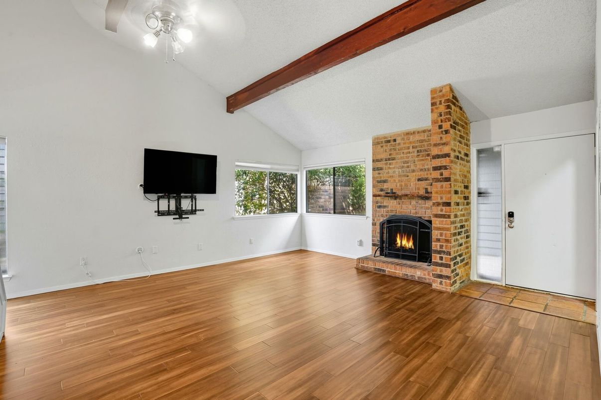 Empty room, Fireplace, Interior, Wooden Beams, Wood Texture Flooring