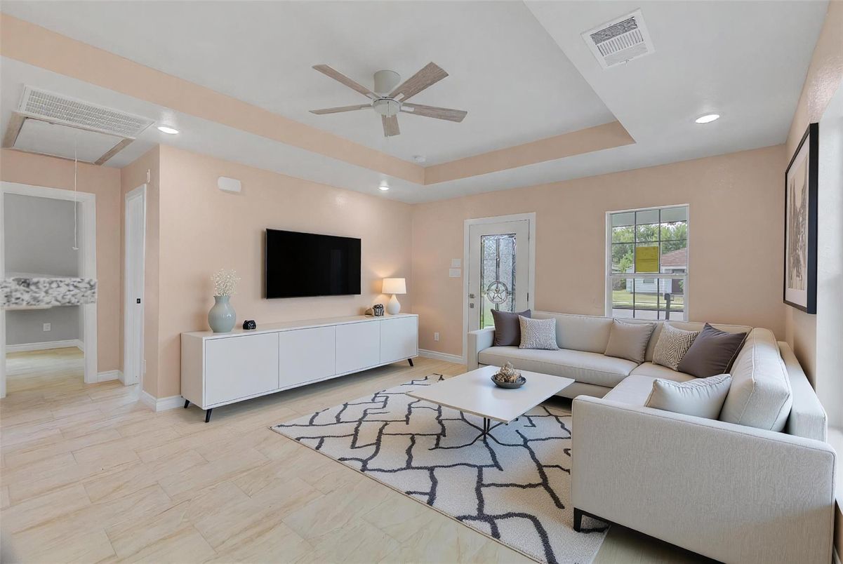 Interior, Living room, Recessed Lighting, Wood Texture Flooring