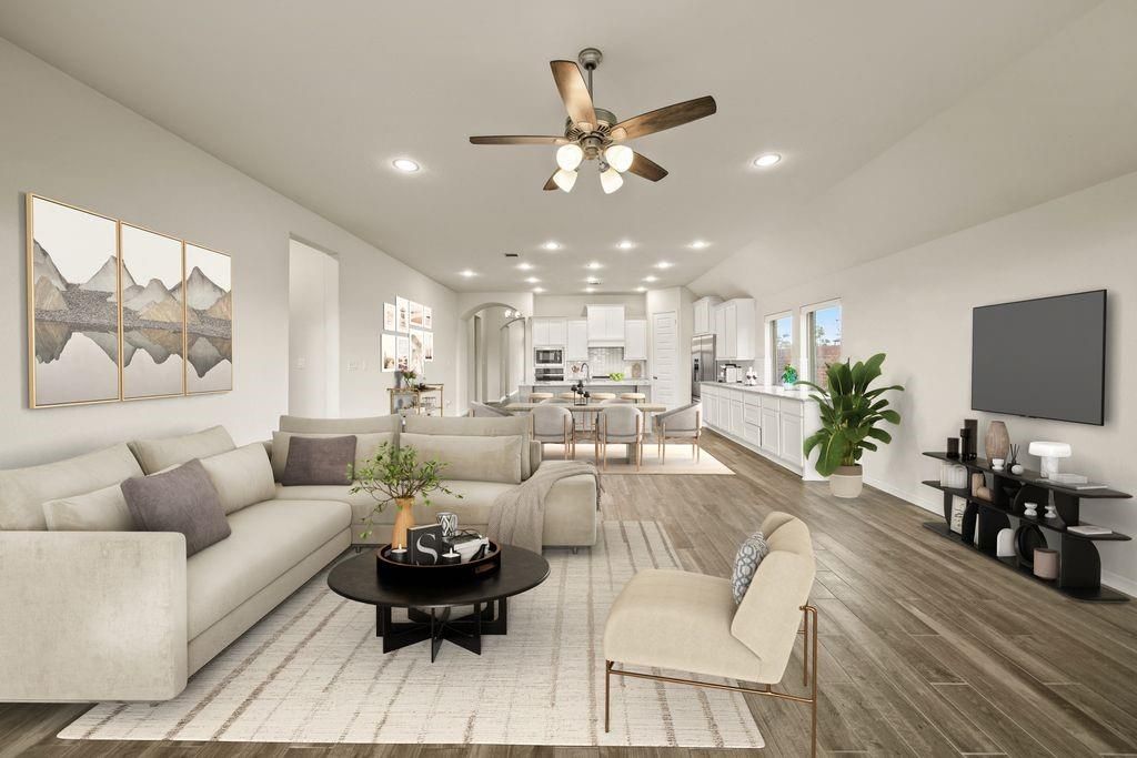 Dining room, Interior, Kitchen, Living room, Recessed Lighting, Stainless Steel Appliances, Wood Texture Flooring