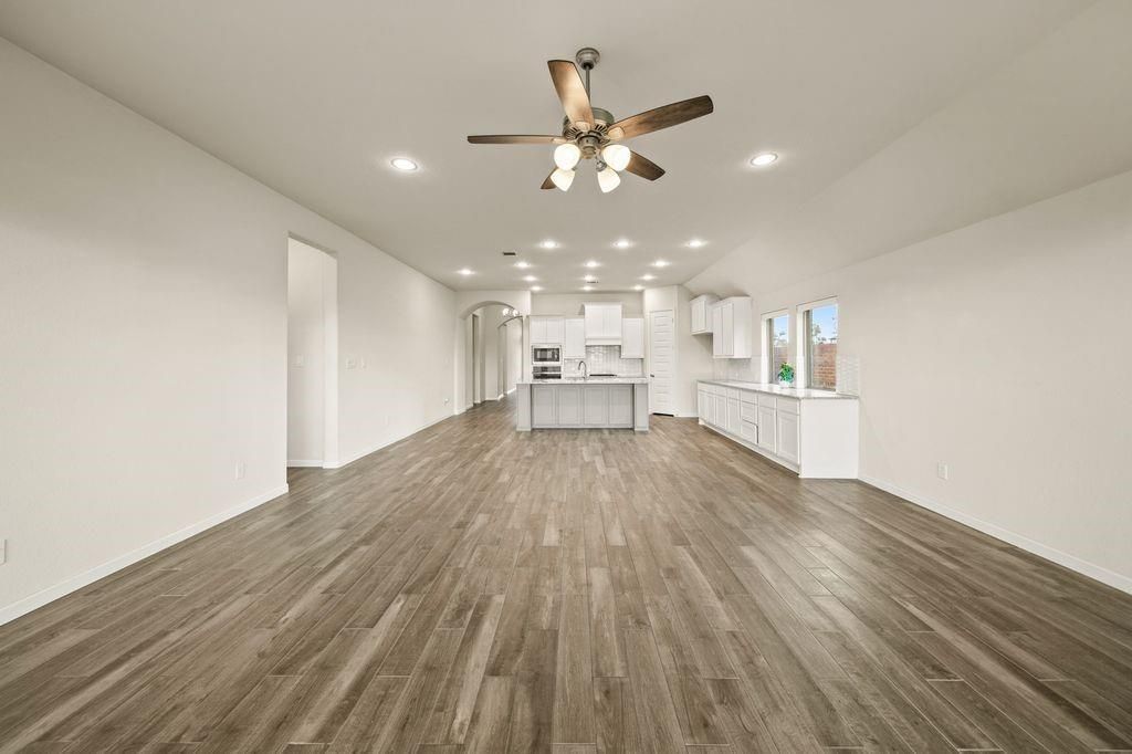 Empty room, Interior, Kitchen, Recessed Lighting, Wood Texture Flooring