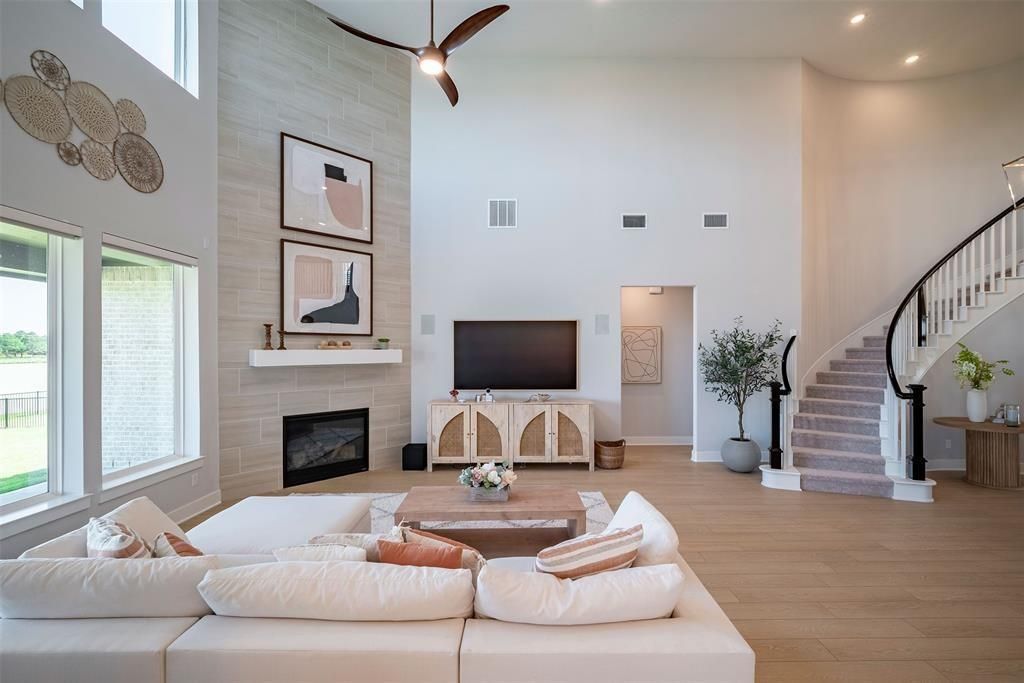 Fireplace, Interior, Living room, Recessed Lighting, Wood Texture Flooring