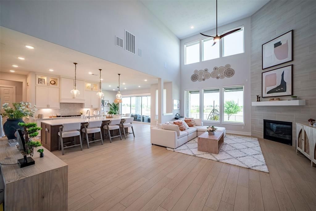Dining room, Fireplace, Interior, Kitchen, Living room, Pendant Lights, Recessed Lighting, Wood Texture Flooring