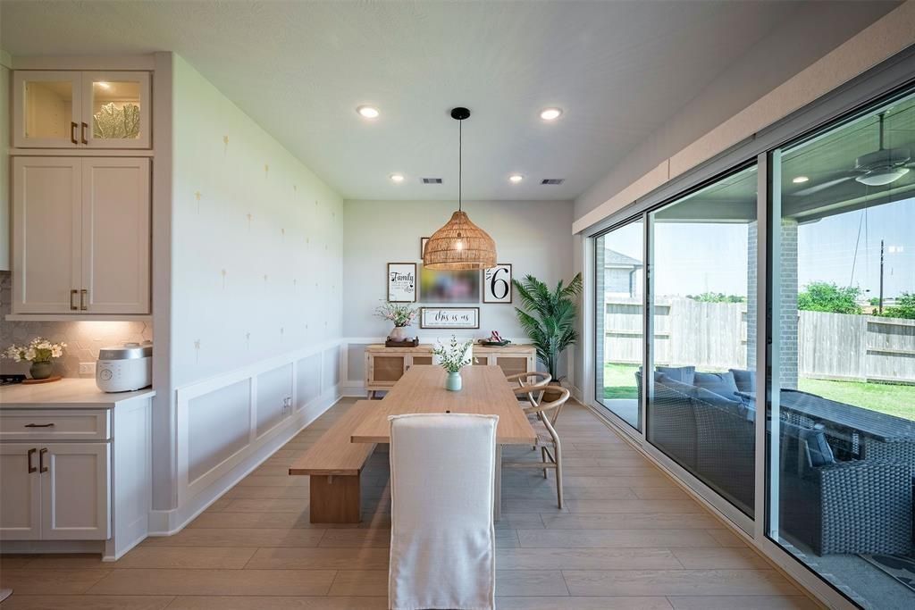 Dining room, Interior, Pendant Lights, Recessed Lighting, Wood Texture Flooring