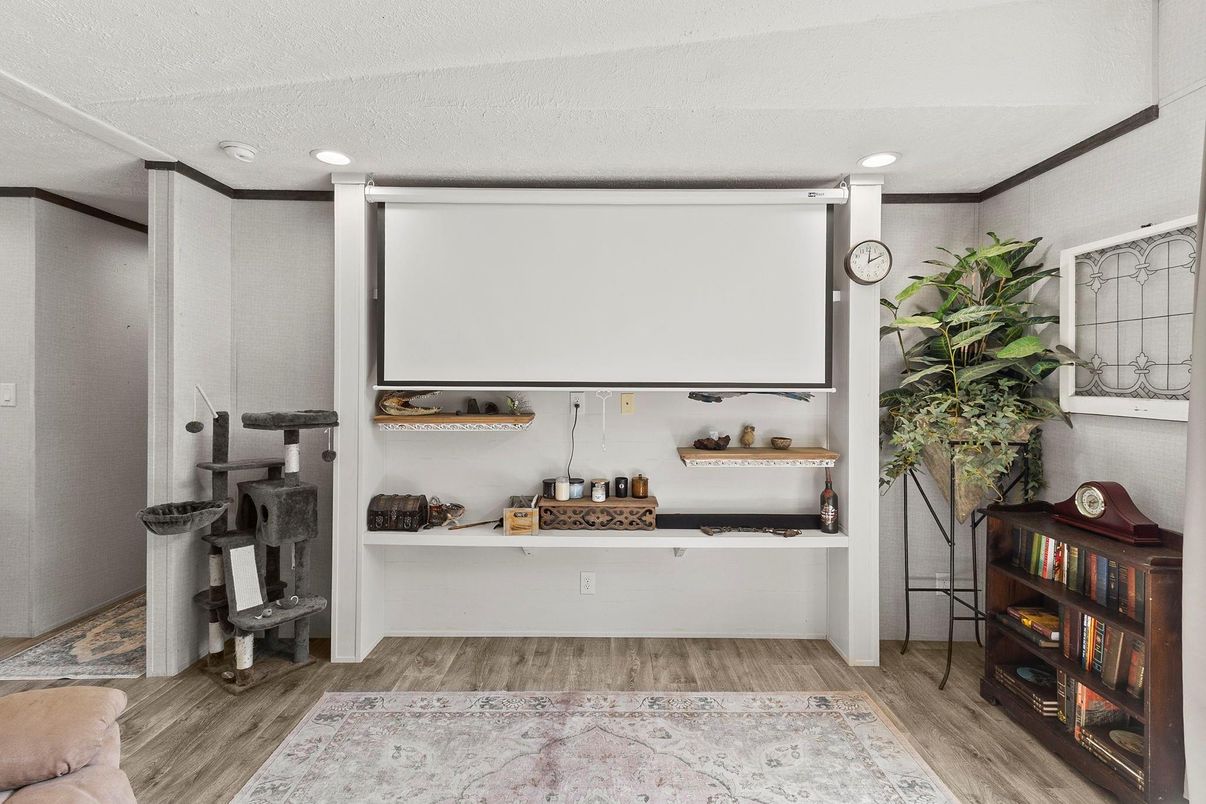 Interior, Projection Screen, Recessed Lighting, Wood Texture Flooring