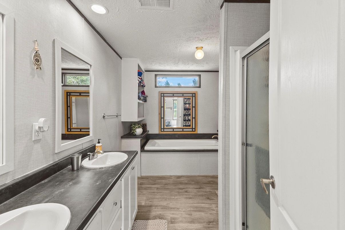 Bathroom, Dual Sink Vanities, Interior, Recessed Lighting, Wood Texture Flooring