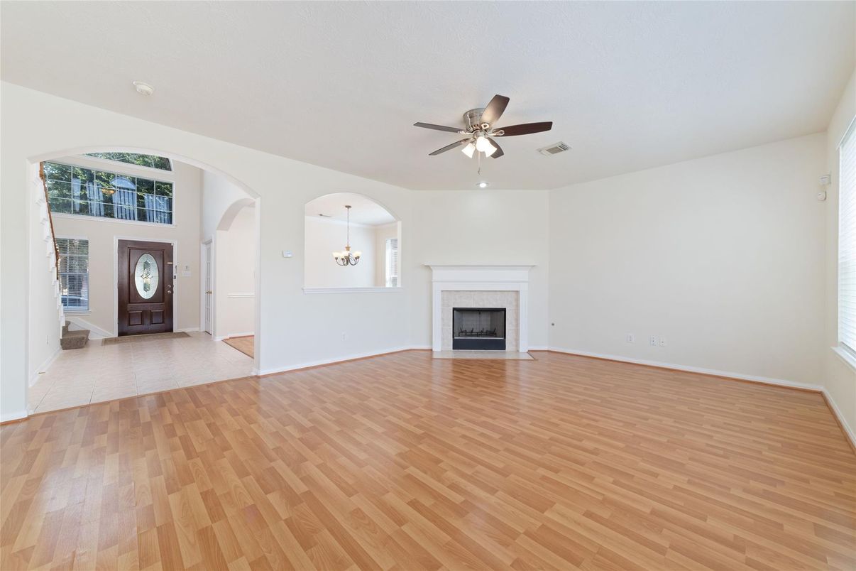 Chandelier, Empty room, Fireplace, Interior, Wood Texture Flooring