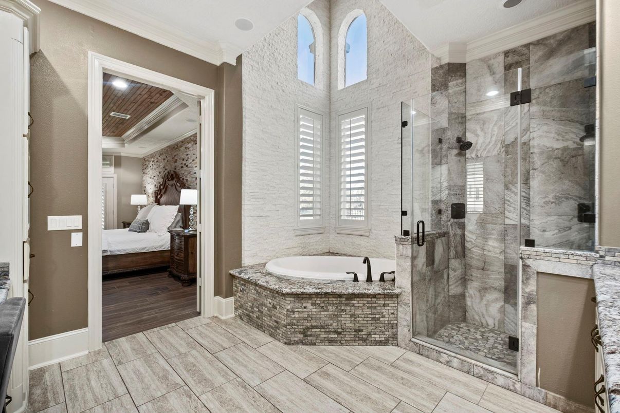 Bathroom, Bedroom, Glass Shower, Interior, Recessed Lighting, Wooden Ceilings, Wood Texture Flooring
