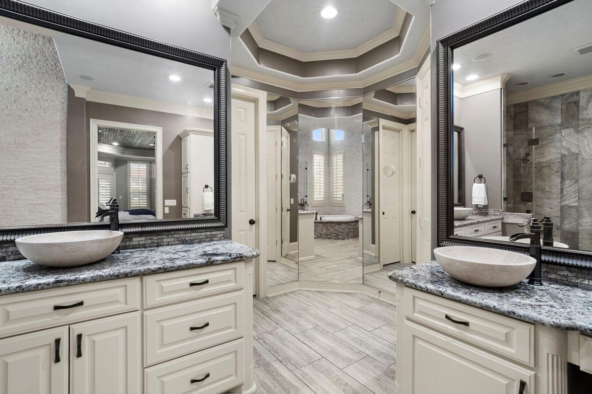 Bathroom, Dual Sink Vanities, Glass Shower, Interior, Recessed Lighting, Wood Texture Flooring