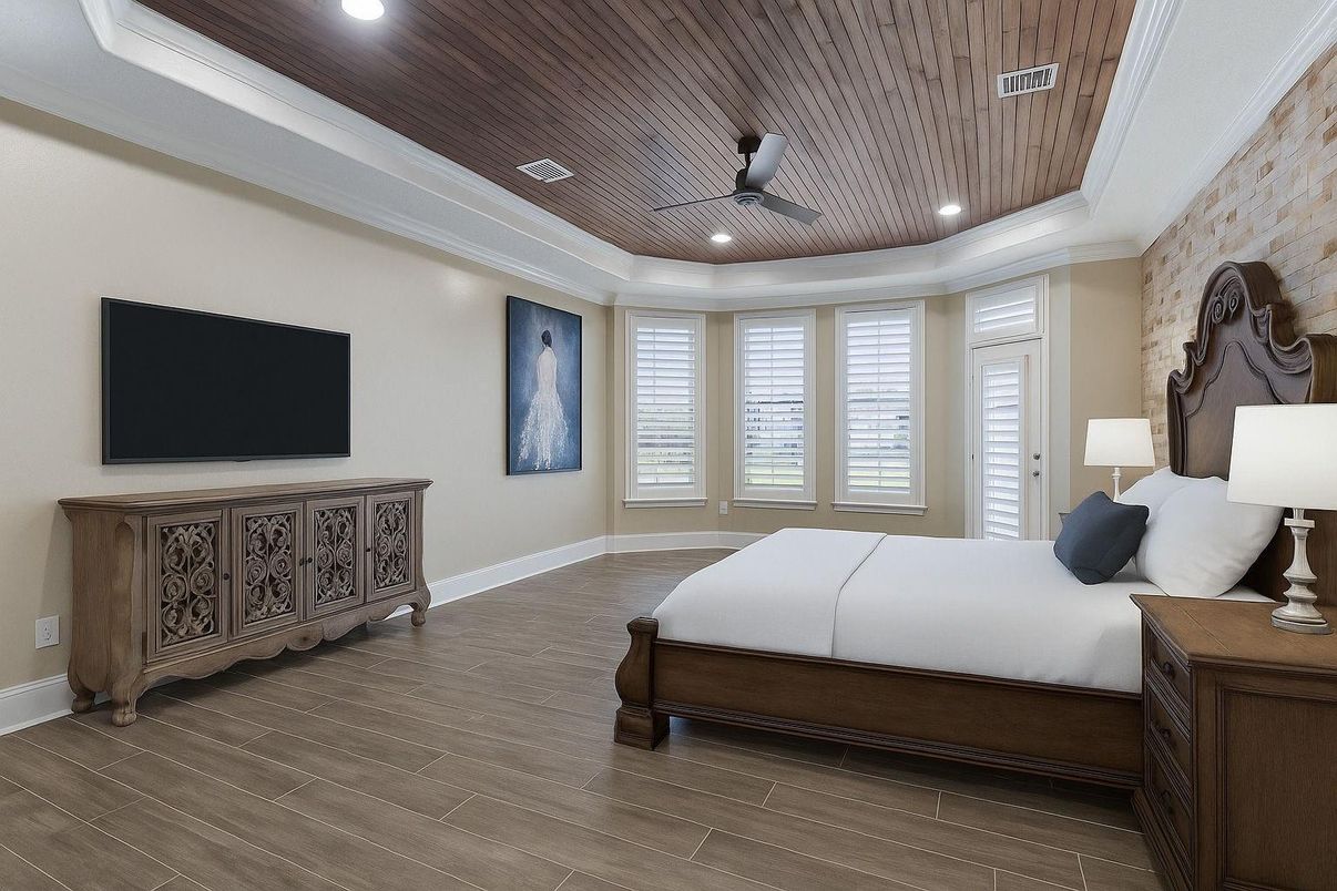 Bedroom, Interior, Recessed Lighting, Wooden Ceilings, Wood Texture Flooring