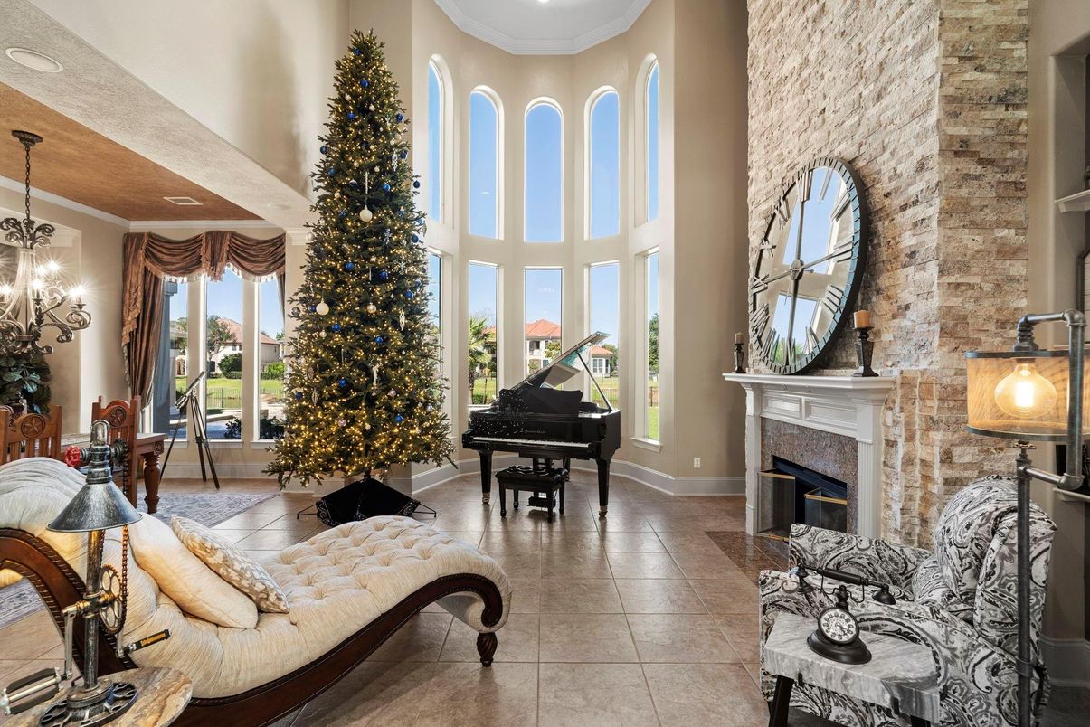 Chandelier, Dining room, Fireplace, Interior, Piano, Recessed Lighting, Stone Walls