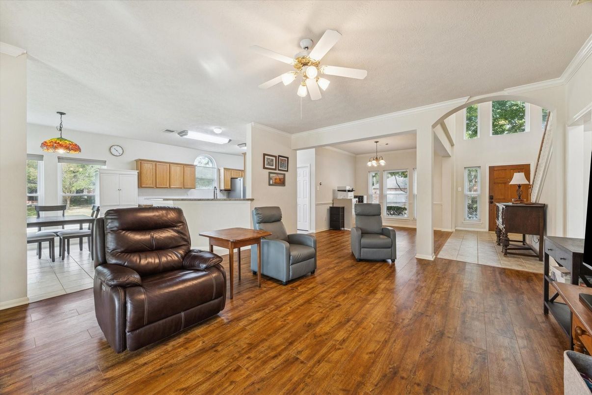 Dining room, Interior, Pendant Lights, Wood Texture Flooring