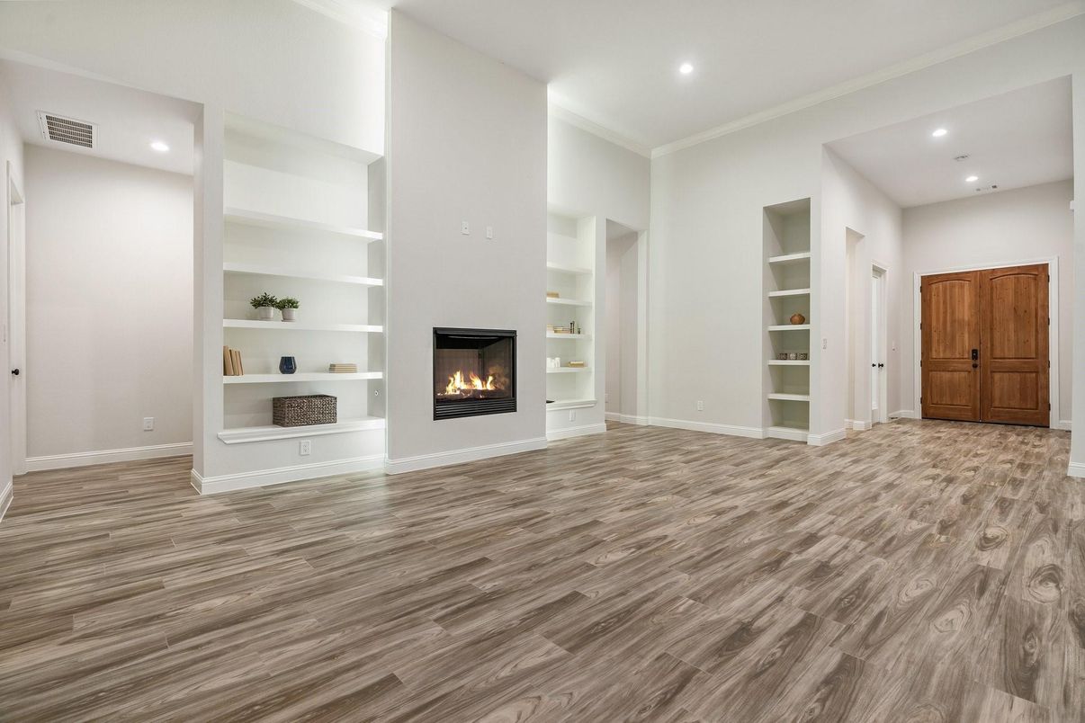 Empty room, Fireplace, Interior, Recessed Lighting, Wood Texture Flooring