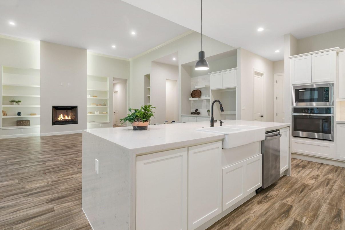 Fireplace, Interior, Kitchen, Pendant Lights, Recessed Lighting, Stainless Steel Appliances, Wood Texture Flooring