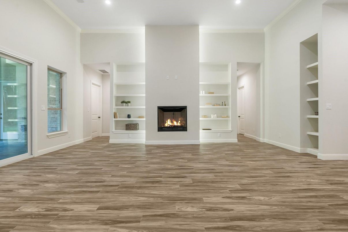 Empty room, Fireplace, Interior, Recessed Lighting, Wood Texture Flooring