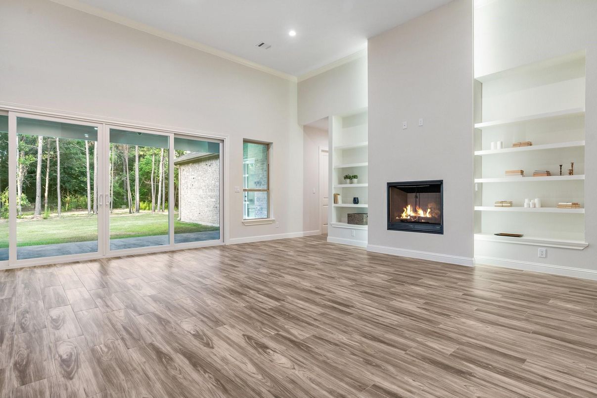 Empty room, Fireplace, Interior, Recessed Lighting, Wood Texture Flooring