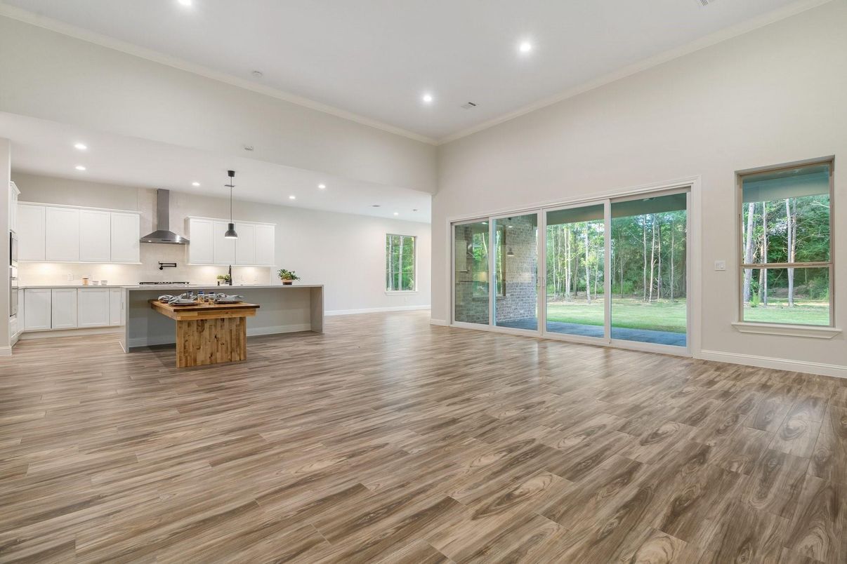 Empty room, Interior, Kitchen, Pendant Lights, Recessed Lighting, Wood Texture Flooring