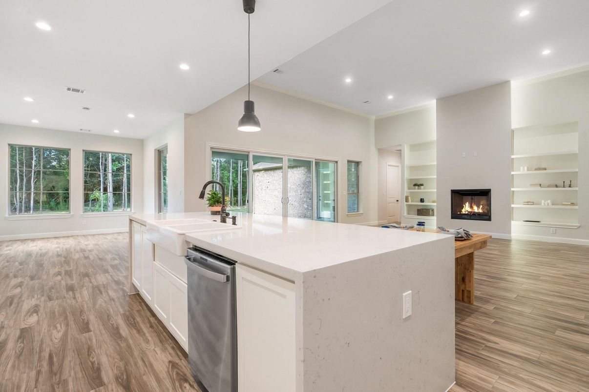 Fireplace, Interior, Kitchen, Pendant Lights, Recessed Lighting, Stainless Steel Appliances, Wood Texture Flooring