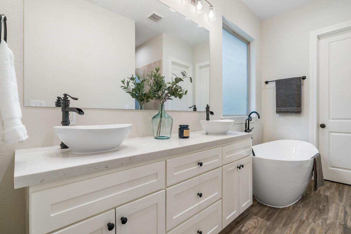 Bathroom, Dual Sink Vanities, Free Standing Baths, Interior, Wood Texture Flooring