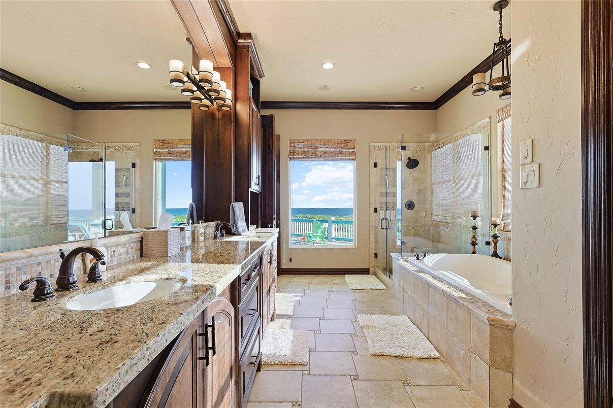 Bathroom, Dual Sink Vanities, Glass Shower, Interior, Recessed Lighting, Water