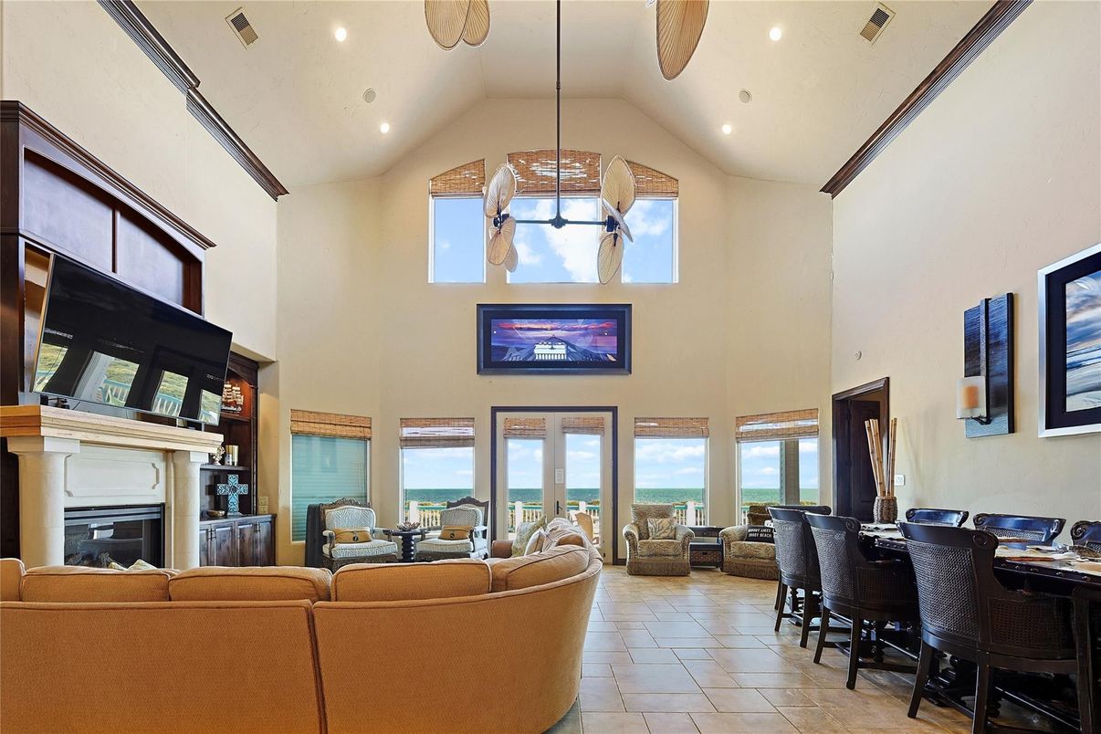 Dining room, Fireplace, Interior, Living room, Pendant Lights, Recessed Lighting, Water