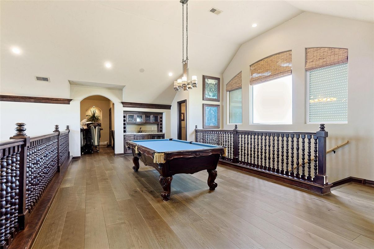 Billiard Table, Chandelier, Game Room, Interior, Recessed Lighting, Wood Texture Flooring