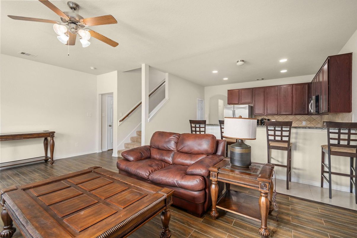 Interior, Kitchen, Living room, Recessed Lighting, Wood Texture Flooring