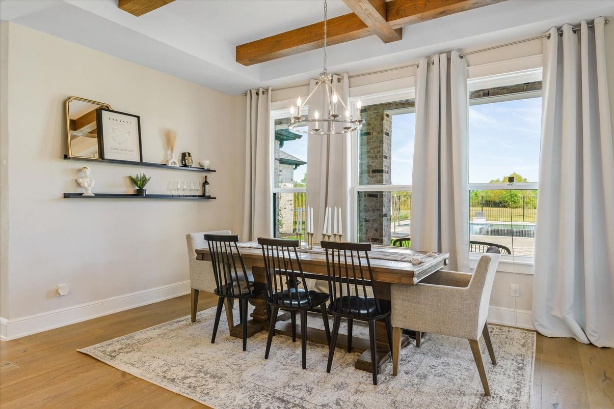 Dining room, Interior, Pendant Lights, Wooden Beams, Wood Texture Flooring