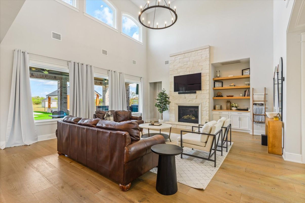 Fireplace, Interior, Living room, Pendant Lights, Stone Walls, Wood Texture Flooring