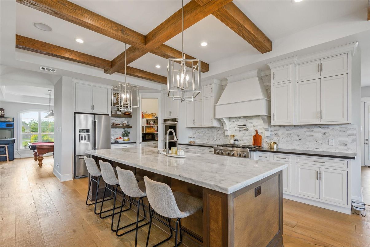 Interior, Kitchen, Pendant Lights, Recessed Lighting, Stainless Steel Appliances, Wooden Beams, Wood Texture Flooring