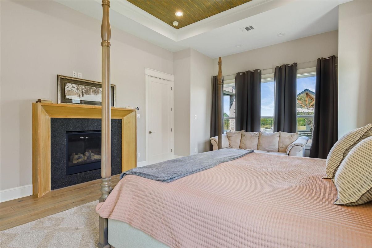 Bedroom, Fireplace, Interior, Recessed Lighting, Wood Texture Flooring