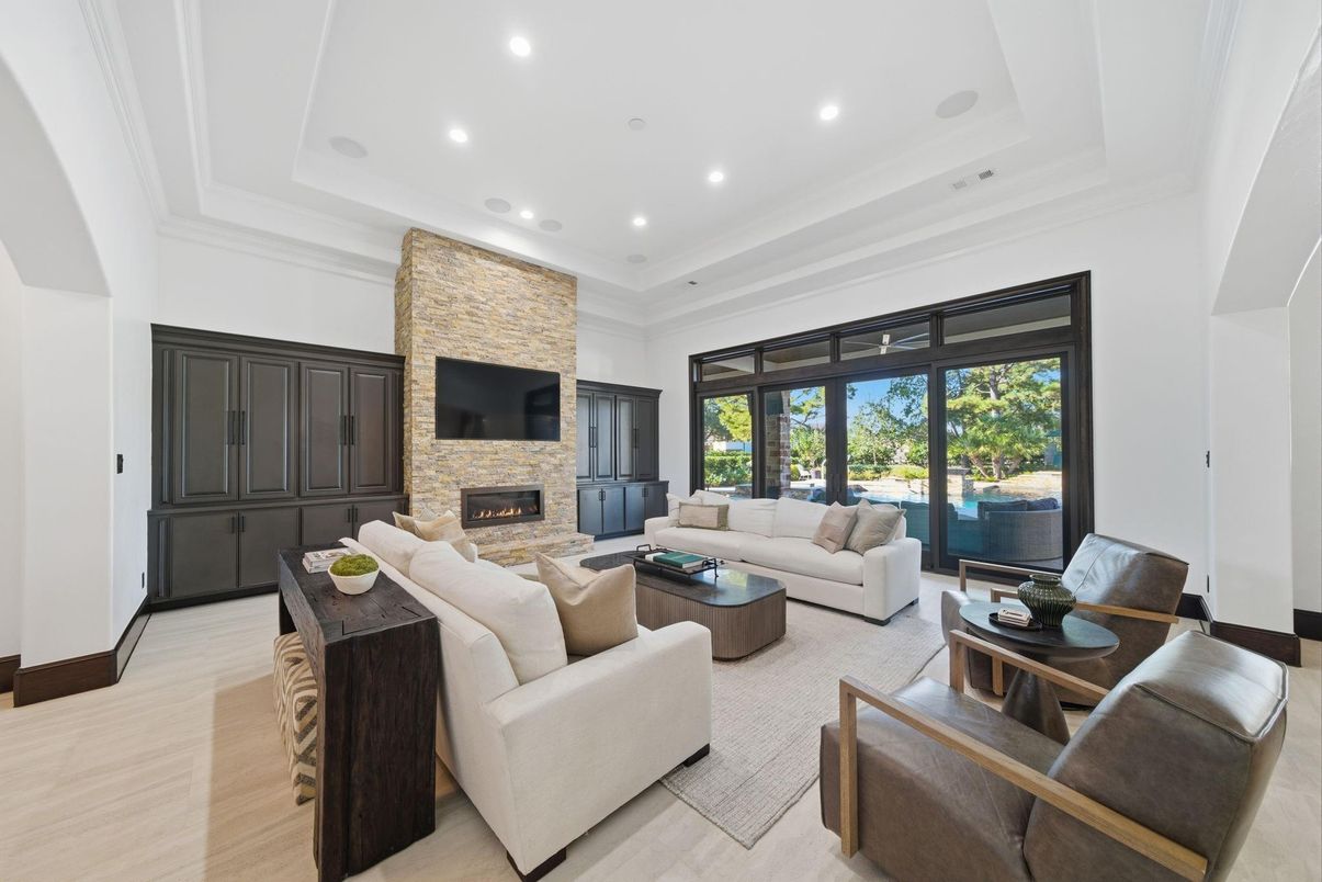 Fireplace, Interior, Living room, Recessed Lighting, Stone Walls