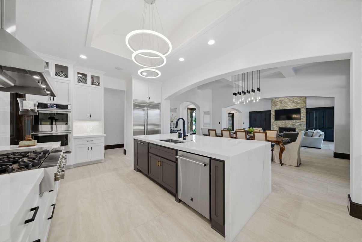 Dining room, Fireplace, Interior, Kitchen, Living room, Pendant Lights, Recessed Lighting, Stainless Steel Appliances