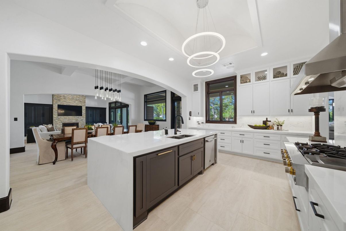 Dining room, Fireplace, Interior, Kitchen, Living room, Pendant Lights, Recessed Lighting, Stainless Steel Appliances