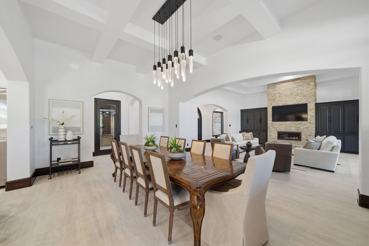 Dining room, Fireplace, Interior, Living room, Pendant Lights, Stone Walls