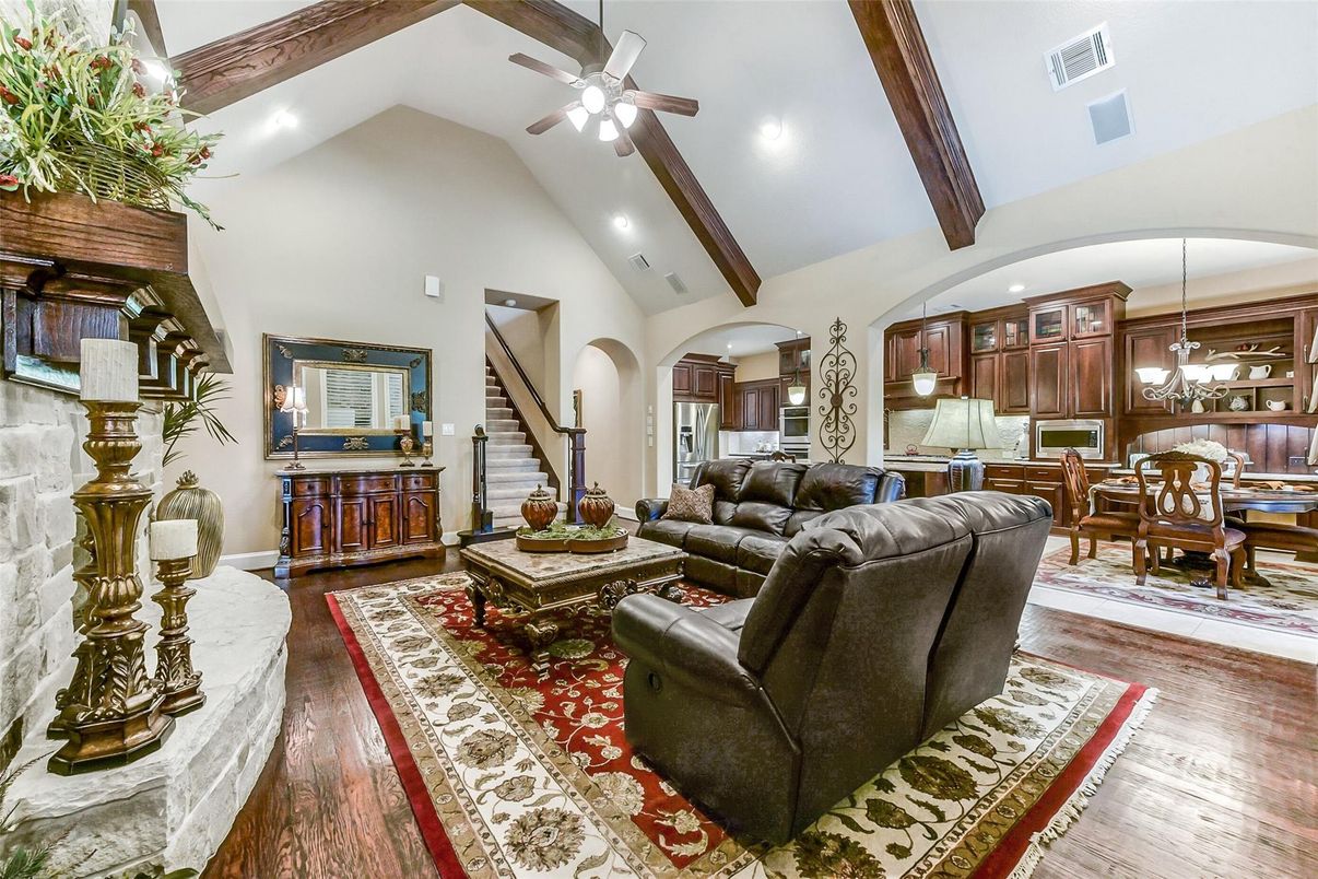 Chandelier, Dining room, Interior, Kitchen, Living room, Recessed Lighting, Wooden Beams, Wood Texture Flooring