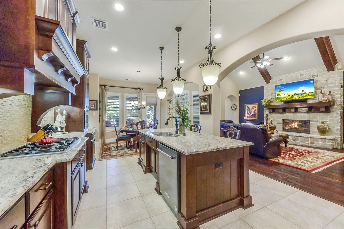 Dining room, Fireplace, Interior, Kitchen, Living room, Pendant Lights, Recessed Lighting, Stone Walls