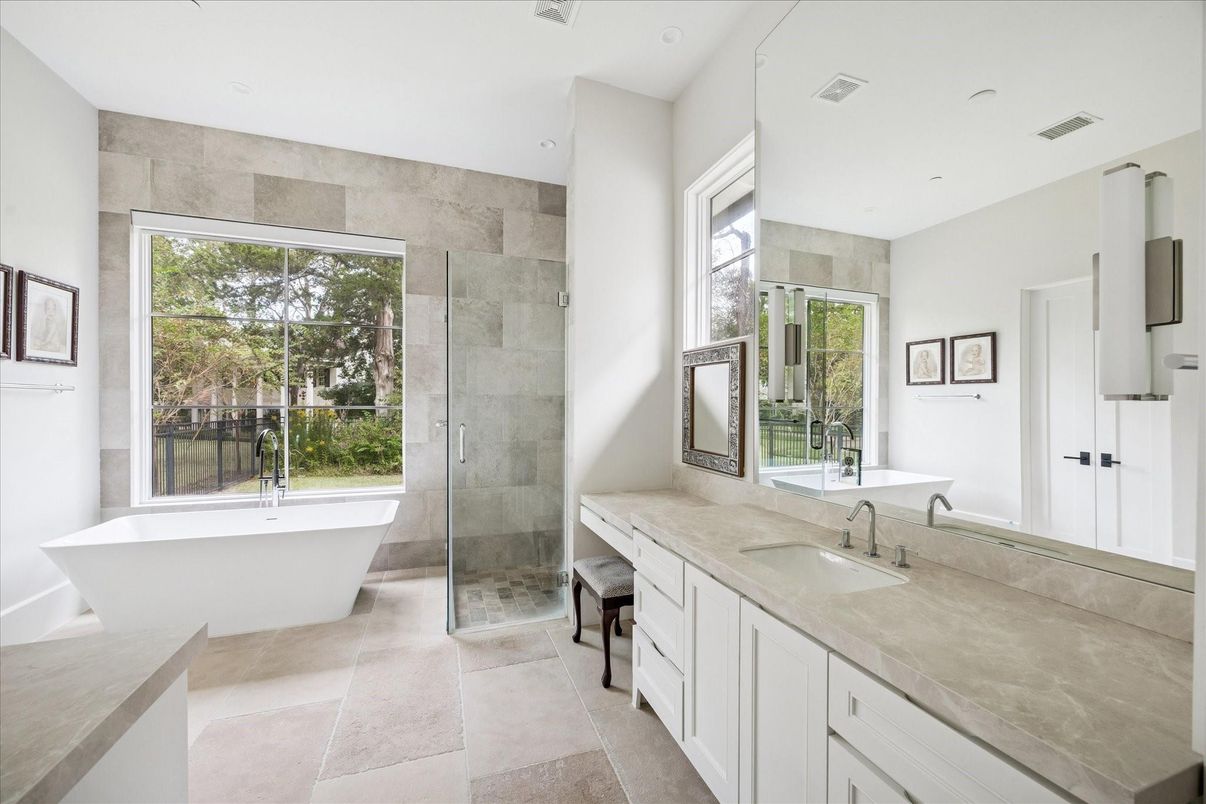 Bathroom, Dual Sink Vanities, Free Standing Baths, Glass Shower, Interior, Recessed Lighting